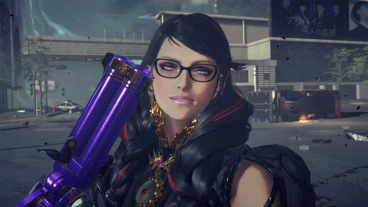 Bayonetta tersenyum dengan pistolnya.